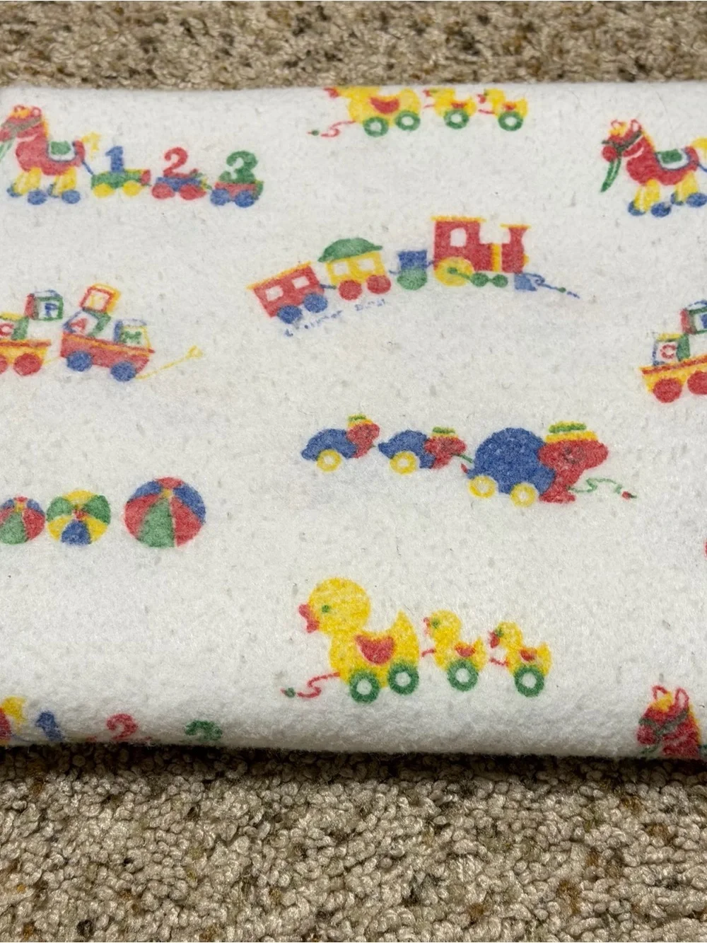 Vtg Baby Receiving Blanket Pull Along Toy Patterns Ducks Trains 40”x29